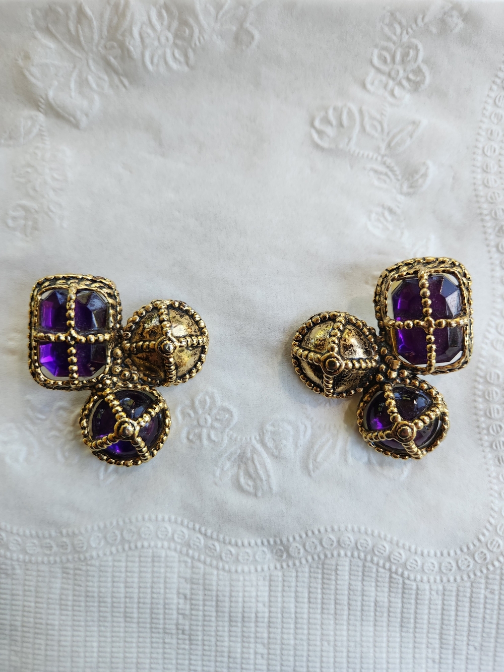 🔥Vintage Gold-Tone and Amethyst-tone Cluster Statement Earrings